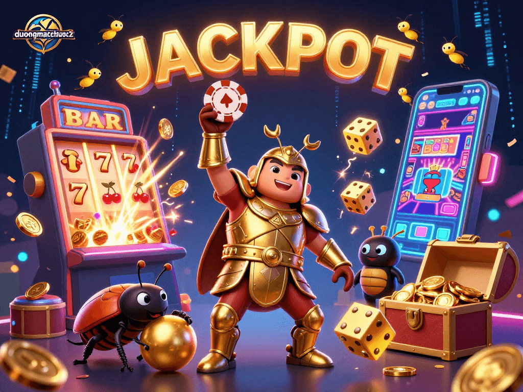 Engage in duongmatchuoc2 with an energetic scene illustrating a hercules beetle winning at the slots.