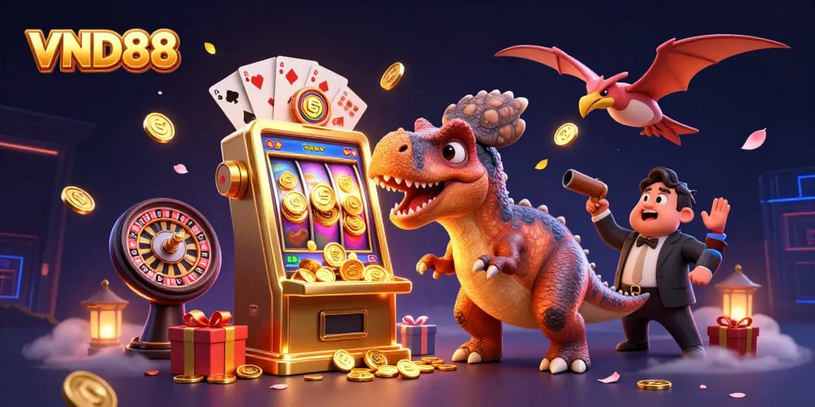 VND88 enhances excitement with a pachycephalosaurus winning coins from a slot machine in a vibrant casino scene.