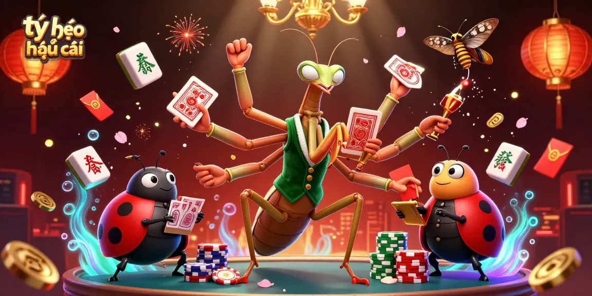 Engage with tỷ lệ kèo nhà cái in a vibrant, dynamic casino scene featuring a giant praying mantis and ladybug pit boss.