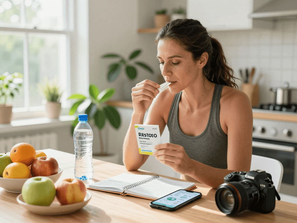 Individual taking TB 500 benefits with buccal strip in modern kitchen, focusing on wellness and fitness.