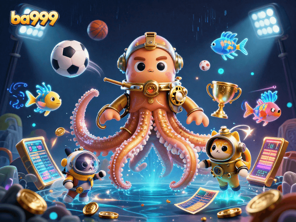 Experience thrilling gaming with ba999 amidst a dynamic underwater scene featuring a kraken and sports elements.