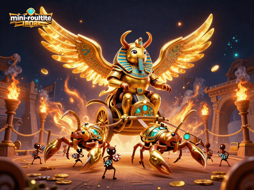 Experience the excitement of mini-roulette with captivating visuals of a golden beetle and scorpions amidst casino action.