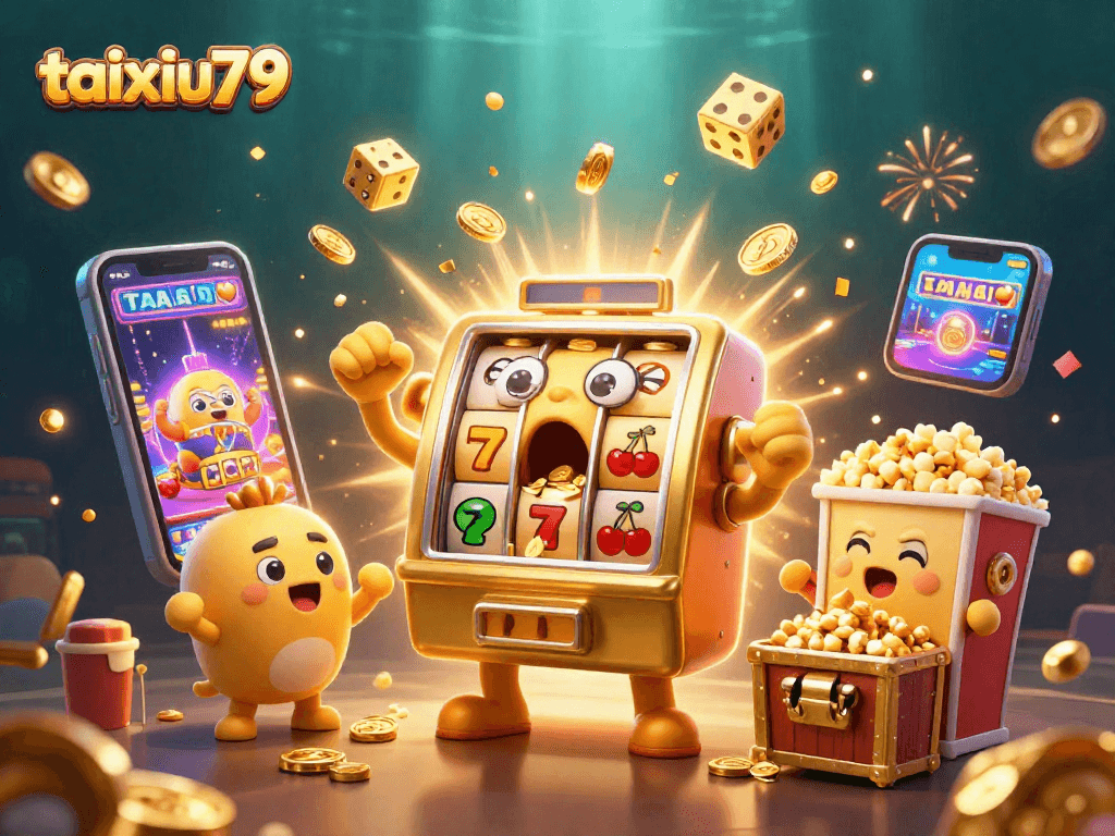 Experience the thrill of taixiu79 as cartoon slot machines celebrate their jackpot amidst a vibrant casino scene.