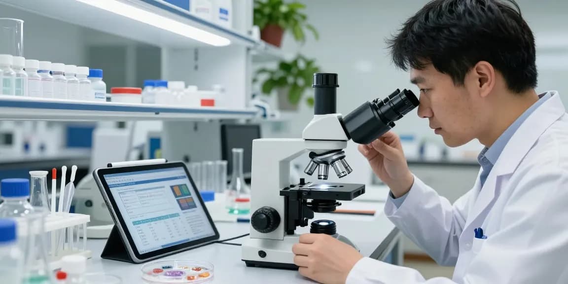 Copper peptide research analysis in a modern lab with a researcher using a microscope and petri dish.