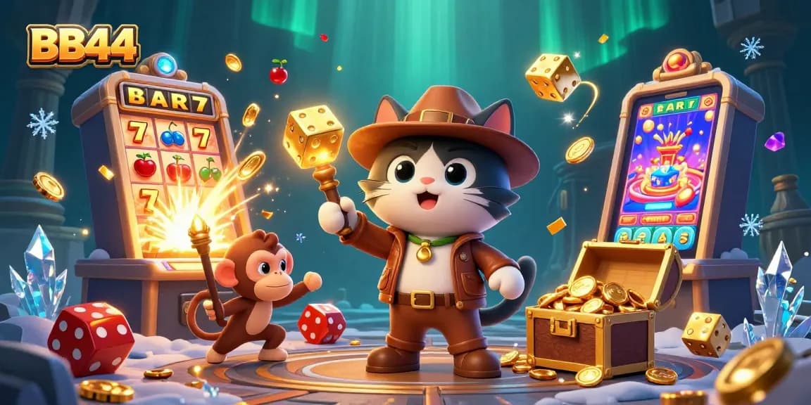 Experience the thrill of BB44, where a cat explorer and monkey uncover casino treasures amidst vibrant game elements.