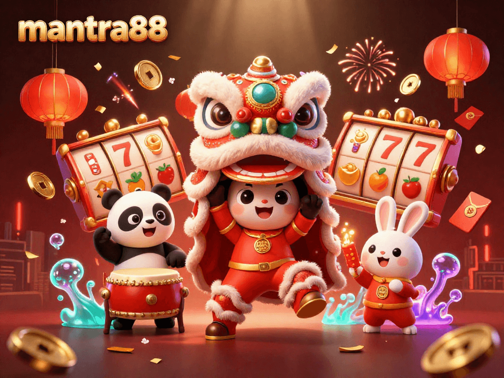Experience thrilling wins with mantra88 in a vibrant casino scene featuring festive characters.