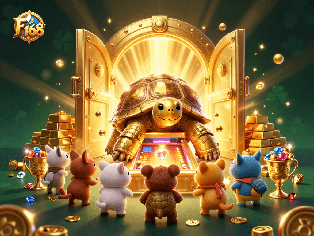 Experience thrilling gameplay with F 168, featuring a colossal tortoise pinball machine surrounded by treasures.