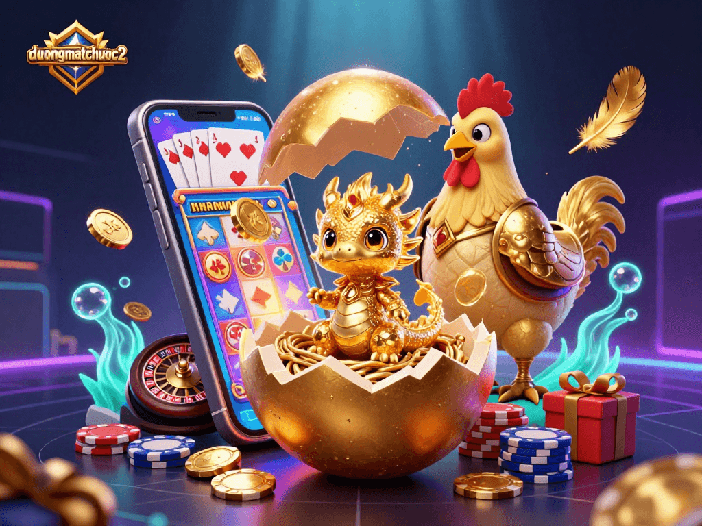 Experience duongmatchuoc2 as a golden dragon emerges from a poker chip nest in this vibrant casino scene.