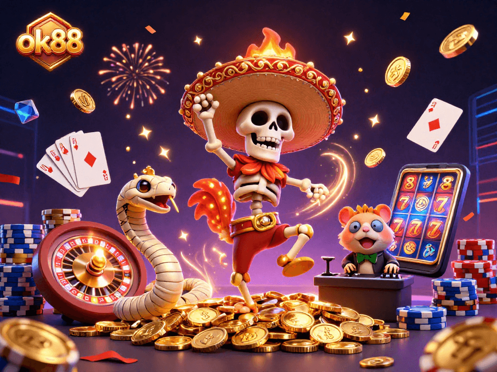 Celebrate wins at ok88 with the vibrant energy of gaming and casino excitement in this colorful scene.