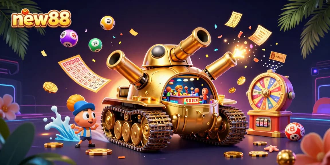Engage with the thrilling new88 casino experience featuring a dynamic scene of a golden beetle tank and festive elements.