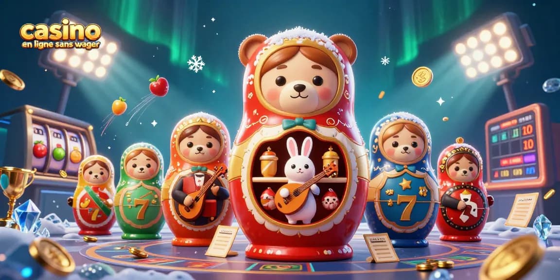 Jouez dans un casino en ligne sans wager avec des ours Matryoshka en tenue de croupier et des éléments de jeu captivants.