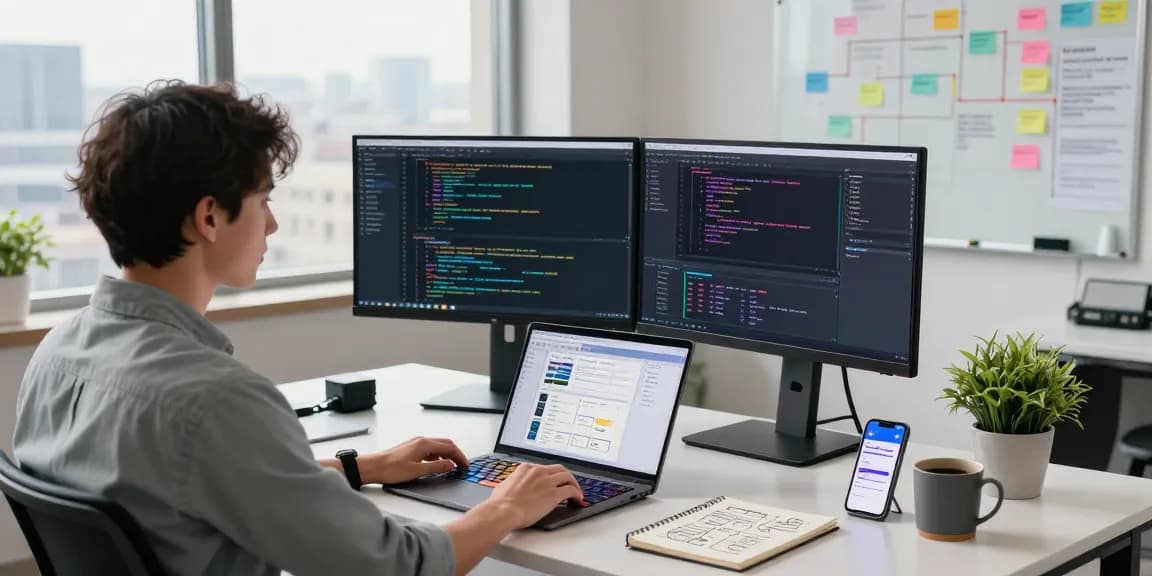 Software engineer coding in a modern workspace using an rti scheduler tool for project management.