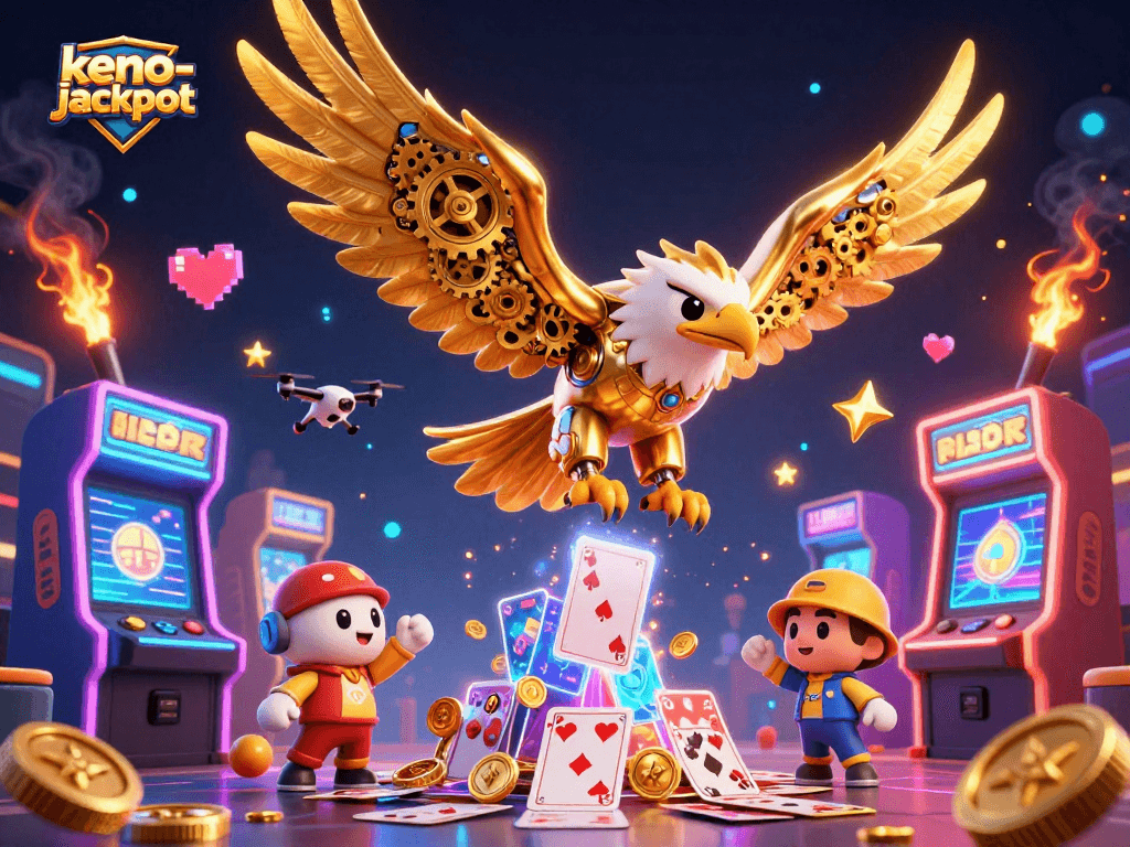 The keno-jackpot illustration features a cybernetic eagle diving through holographic cards, surrounded by arcade elements.