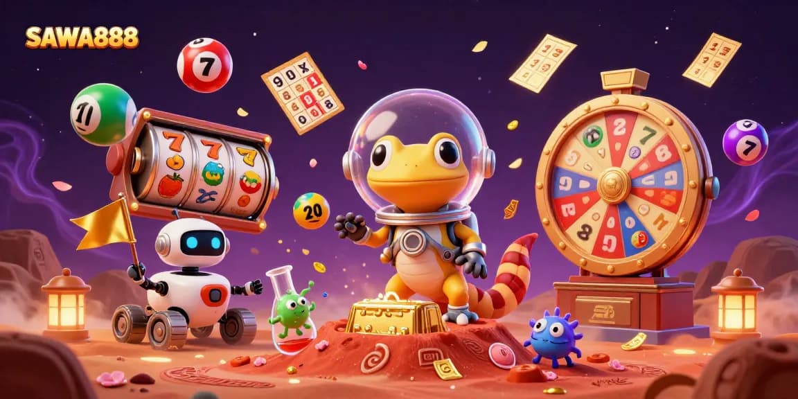 Experience the excitement of SAWA888 with a vibrant 3D scene featuring a Martian gecko and casino elements exploding with fun.