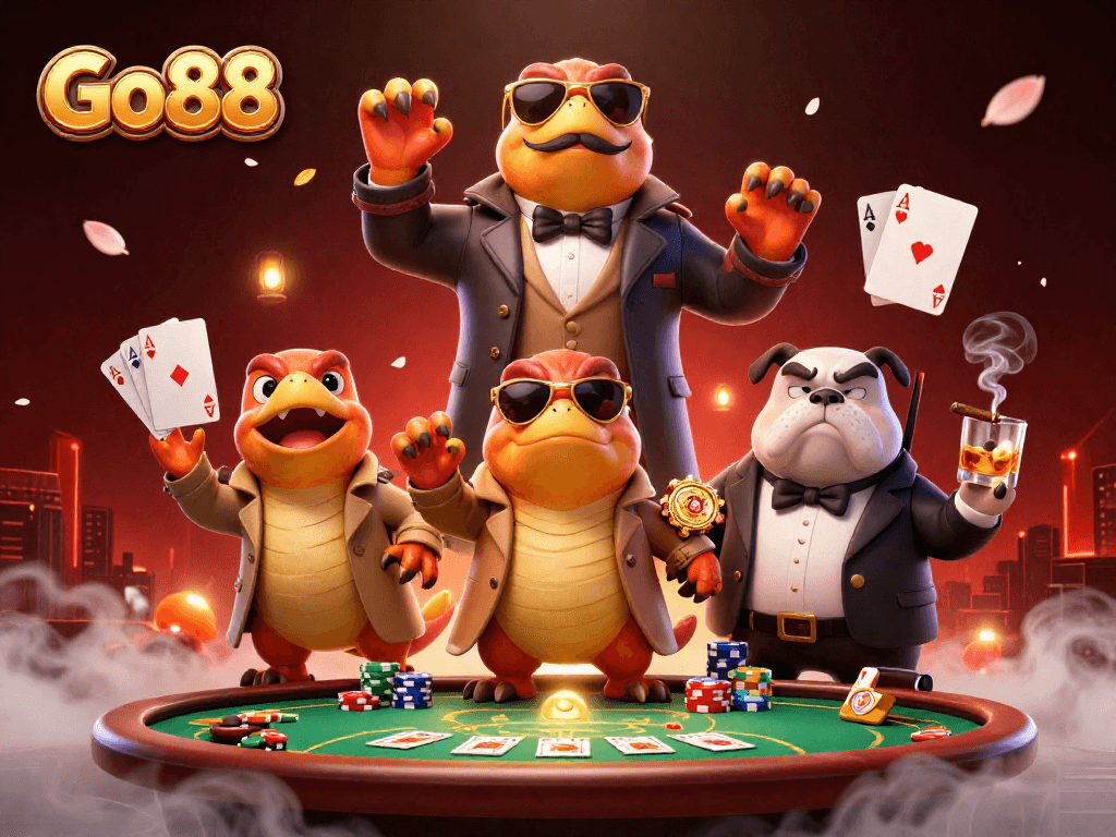 Raptors sneak into a casino VIP lounge, representing Go88's thrilling gaming adventures.