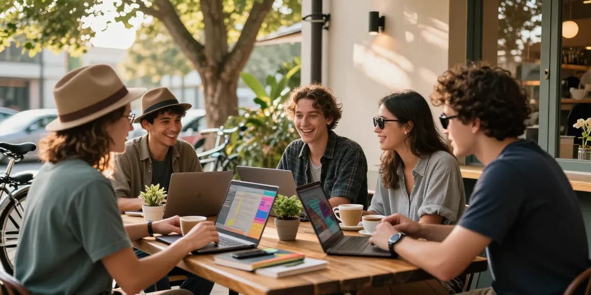 Young professionals discussing Motchill ideas over coffee in a cozy café.