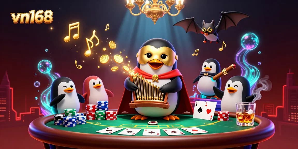 Win big at vn168 with an action-packed scene featuring a penguin playing the organ amidst poker excitement.