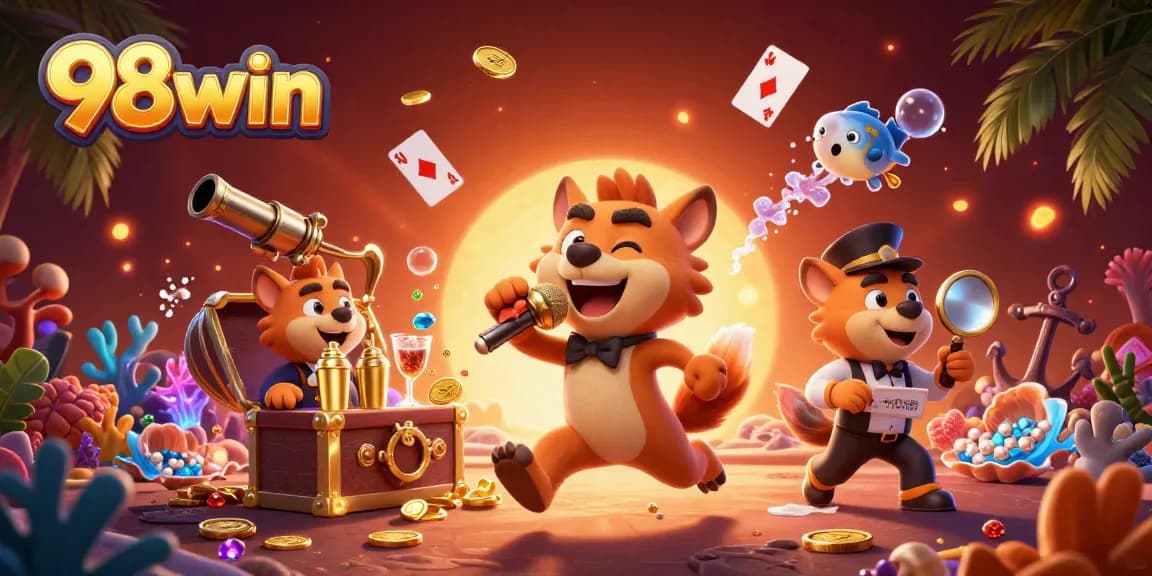 Engage with 98win through an energetic casino scene featuring hyenas and exciting gaming elements.