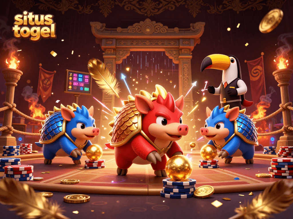 The pangolins in colorful armor enjoy exciting gameplay at the situs togel, amidst vibrant casino elements and energetic confetti.