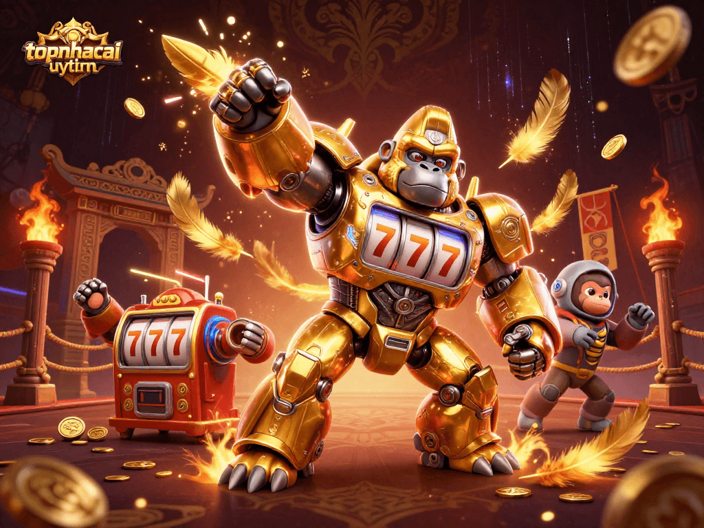 Engage in topnhacaiuytinn's exciting gaming scene featuring a golden gorilla mech and vibrant casino elements.