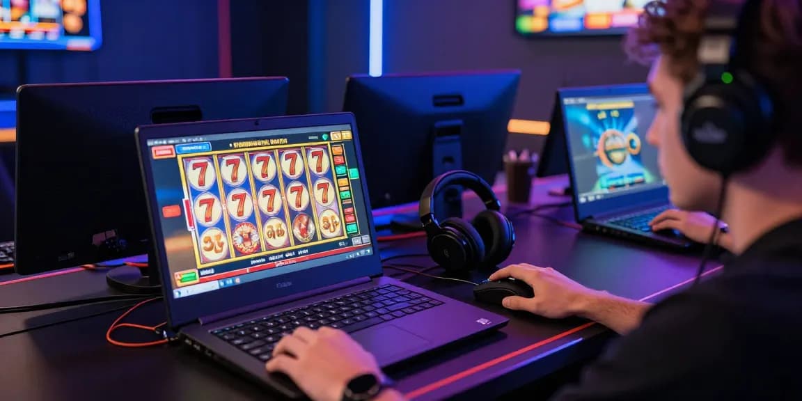 Player experiencing excitement while playing slot777 online slots on a laptop with colorful graphics.