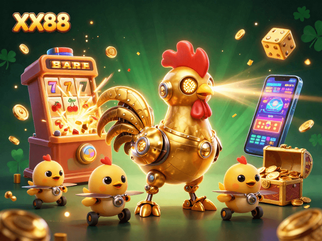 Experience thrilling wins with XX88 in a vibrant casino adventure featuring a golden rooster robot and treasure explosions.