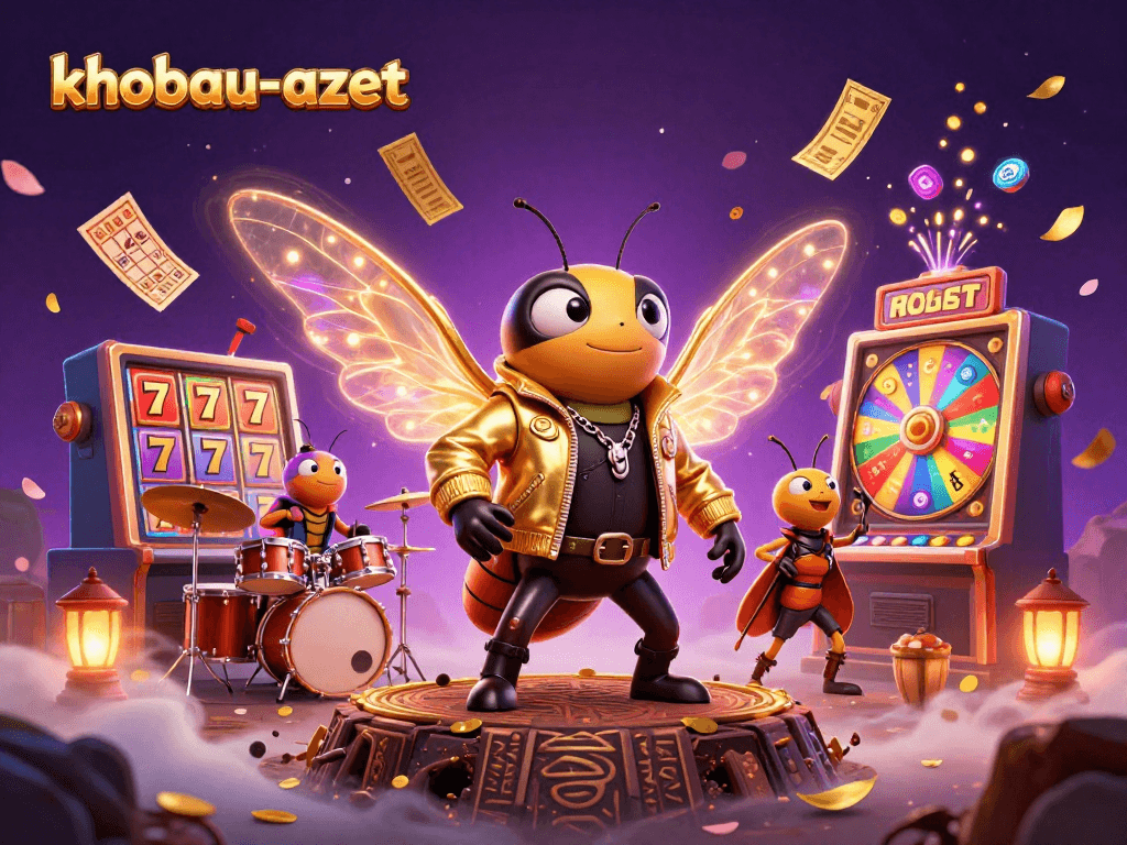 Feel the excitement of khobau-aztec as characters bring slot reels and vibrant prizes to life in a dynamic illustration.