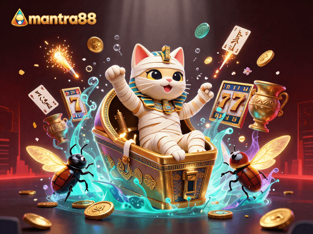 Watch the mantra88 Egyptian mummy cat win big with slot reels and treasures in a vibrant casino.