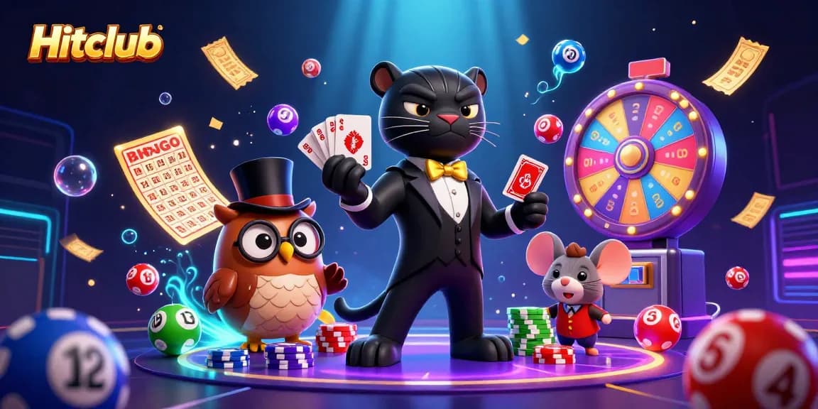 Hitclub brings excitement as the playful black panther deals cards amidst falling lottery balls and colorful prize elements.