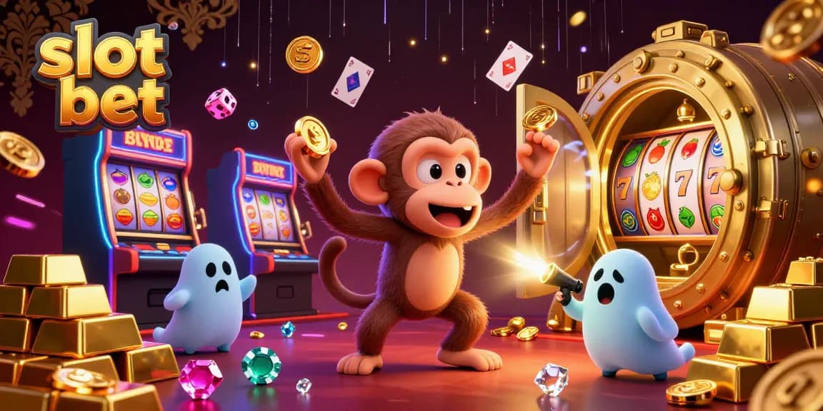Menangkan slot bet di kasino dengan ilustrasi 3D yang menggambarkan monyet poltergeist dan anjing pemburu hantu.