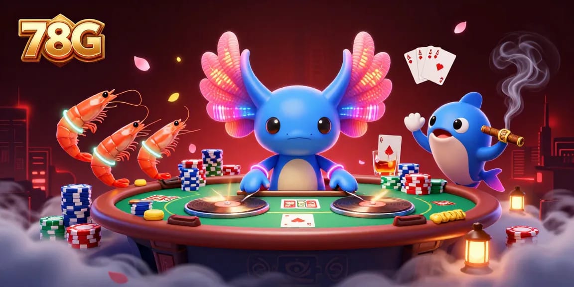 O DJ axolote da 78G anima a festa de jogos com poker e muito mais no fundo vibrante.