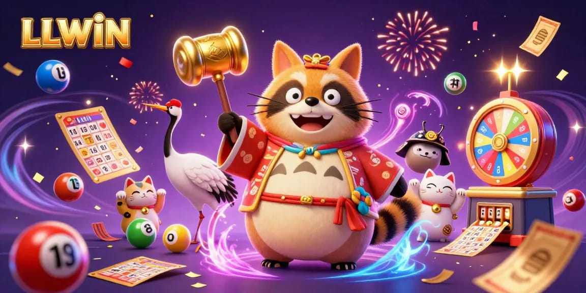 LLWIN showcases an exciting scene with a cheerful tanuki and colorful lottery elements, embodying online gaming excitement.