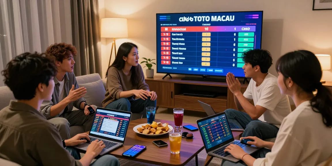 Group enjoying TOTO MACAU updates on cika4d with laptops and drinks.