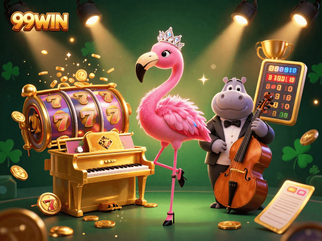 99WIN offers exciting slot games and vibrant casino elements in a dynamic, colorful scene.