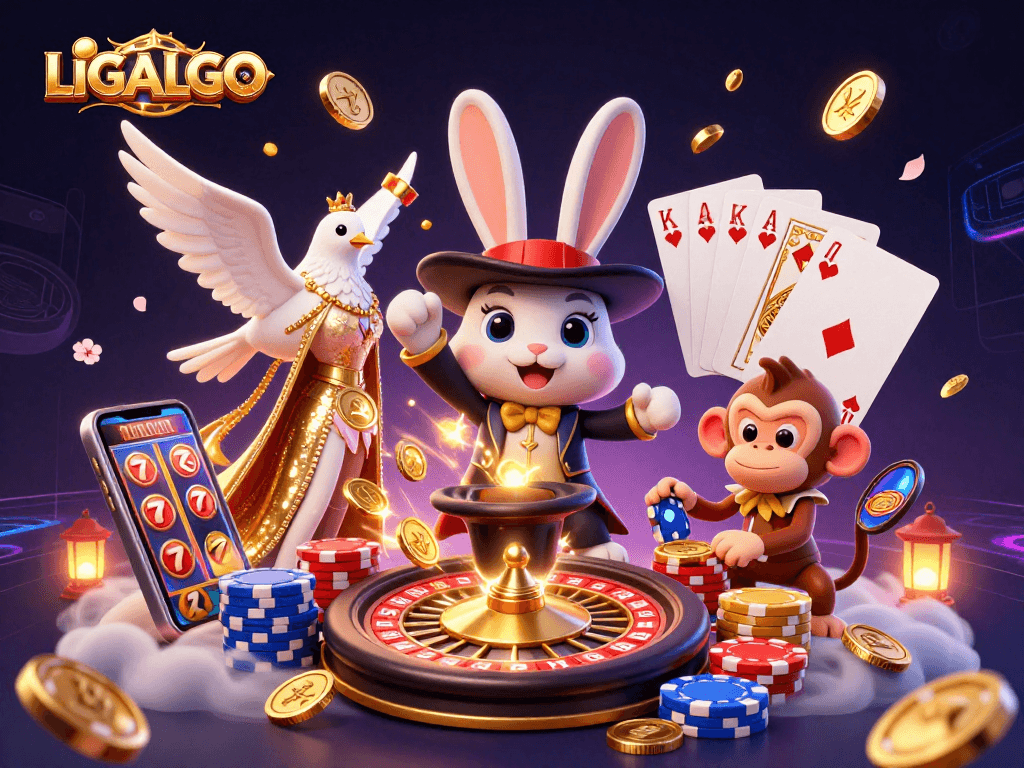 LIGALGO showcases a whimsical magician rabbit pulling poker chips and golden coins in an enchanting casino scene.