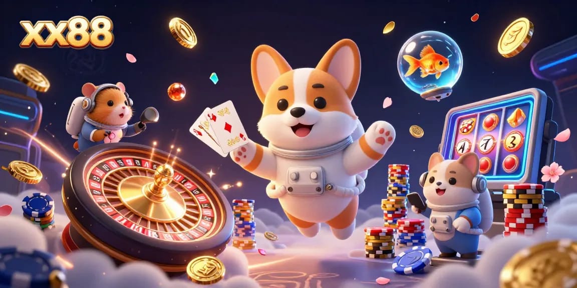 Experience the excitement of xx88 with vibrant casino-themed elements featuring a floating astronaut corgi.