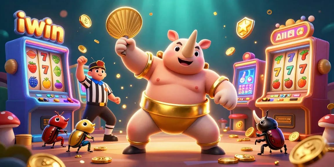 Play exciting slot games with iwin's colorful arcade scene featuring a mighty beetle champion.