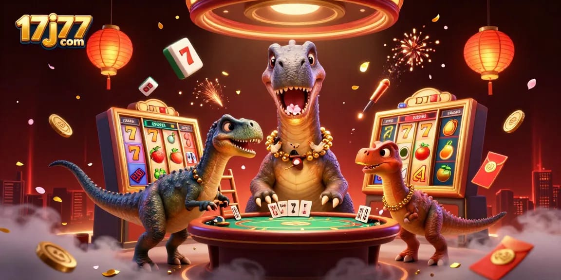 Visualize the vibrant casino scene of 17j77 com with animated characters and spinning slot reels.
