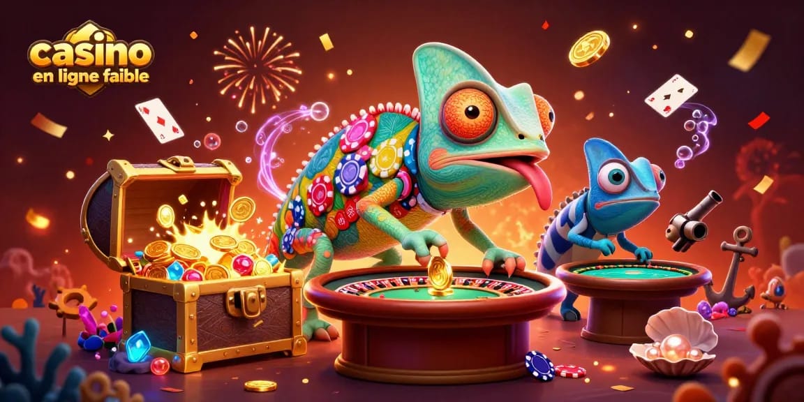 Une illustration 3D du casino en ligne fiable avec un caméléon propriétaire coloré, entouré de trésors et d'éléments de jeux.