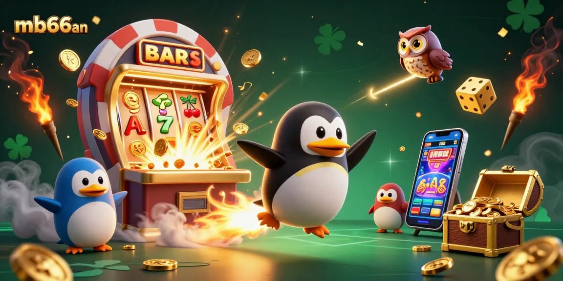 Spin the reels and win big with mb66an's vibrant casino adventure, featuring a golden penguin and jackpot!