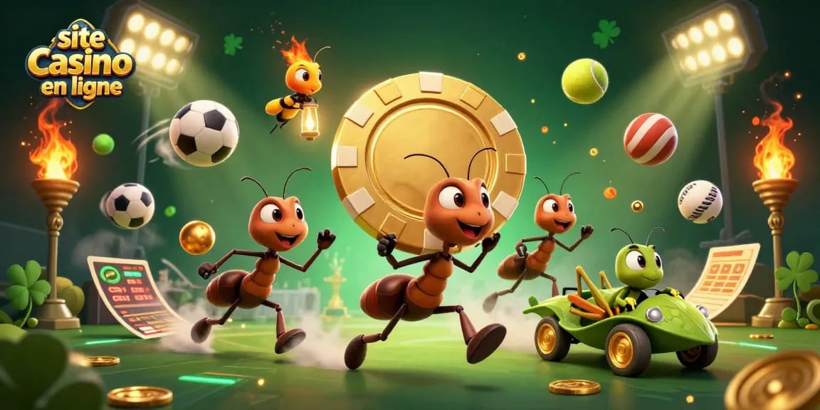 Jouez sur site casino en ligne avec une illustration dynamique d'une équipe de fourmis transportant un jeton de poker doré.