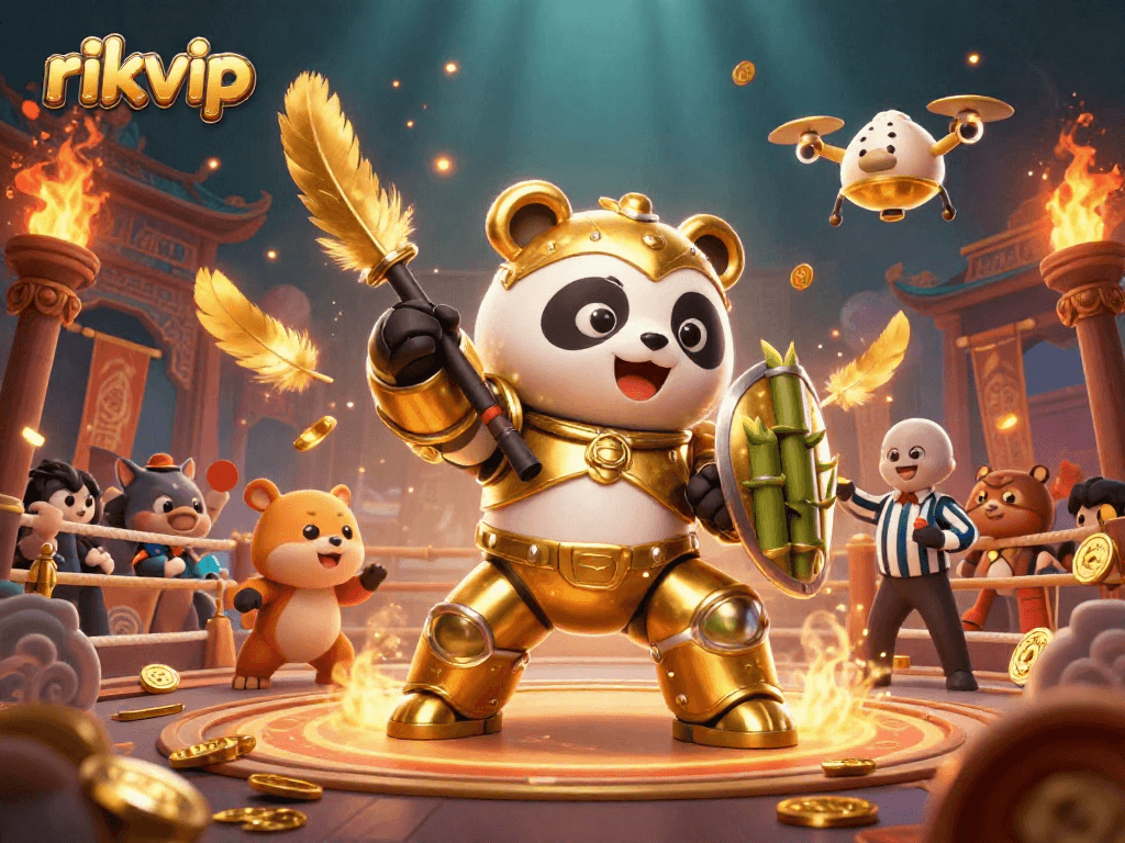 Engage with rikvip in an animated casino showdown featuring a mech-suit panda and vibrant casino elements.