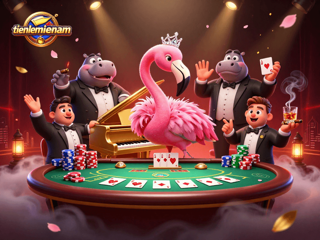 Engage with the thrilling world of tienlenmiennam as colorful characters and poker elements create a vibrant casino atmosphere.