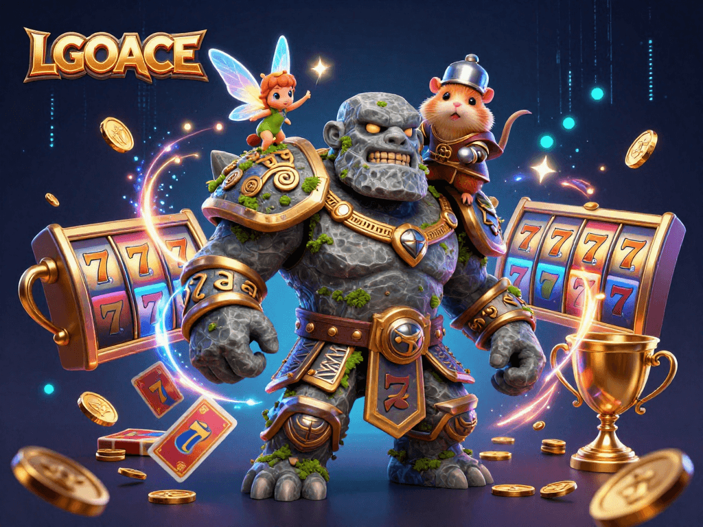 LGOACE elevates the excitement with slots and casino games showcased in a magical scene of a stone golem and fairy.