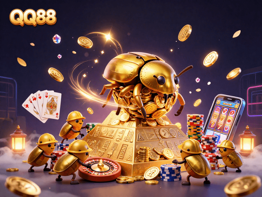 Experience thrilling gameplay at QQ88 with vibrant casino elements and golden treasures!