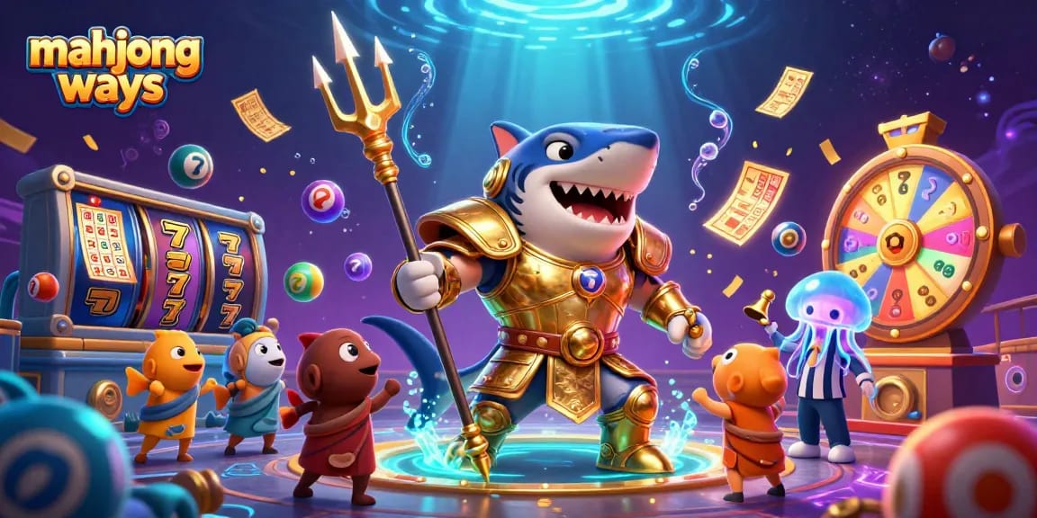 Join the thrilling mahjong ways action in an underwater casino scene with a fierce tiger shark!
