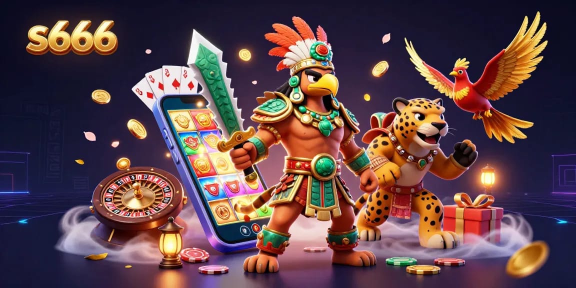 Join the thrill of s666 with Aztec warriors amidst vibrant casino games and rich symbols of chance.