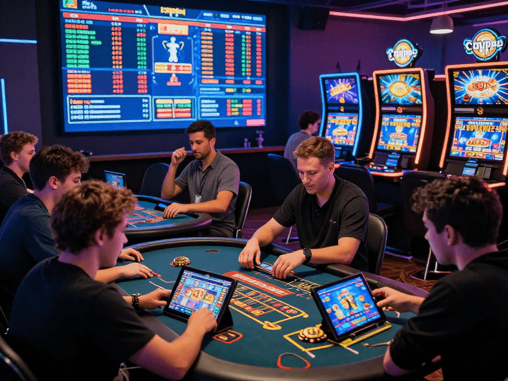 Exciting crypto casino scene with players enjoying virtual gaming and immersive technology.