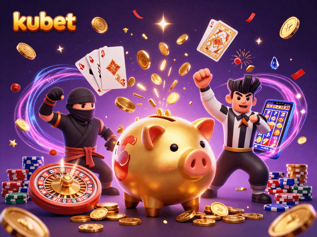 Engage with kubet's dynamic casino scene featuring a golden piggy bank sumo wrestler and vibrant gaming elements.