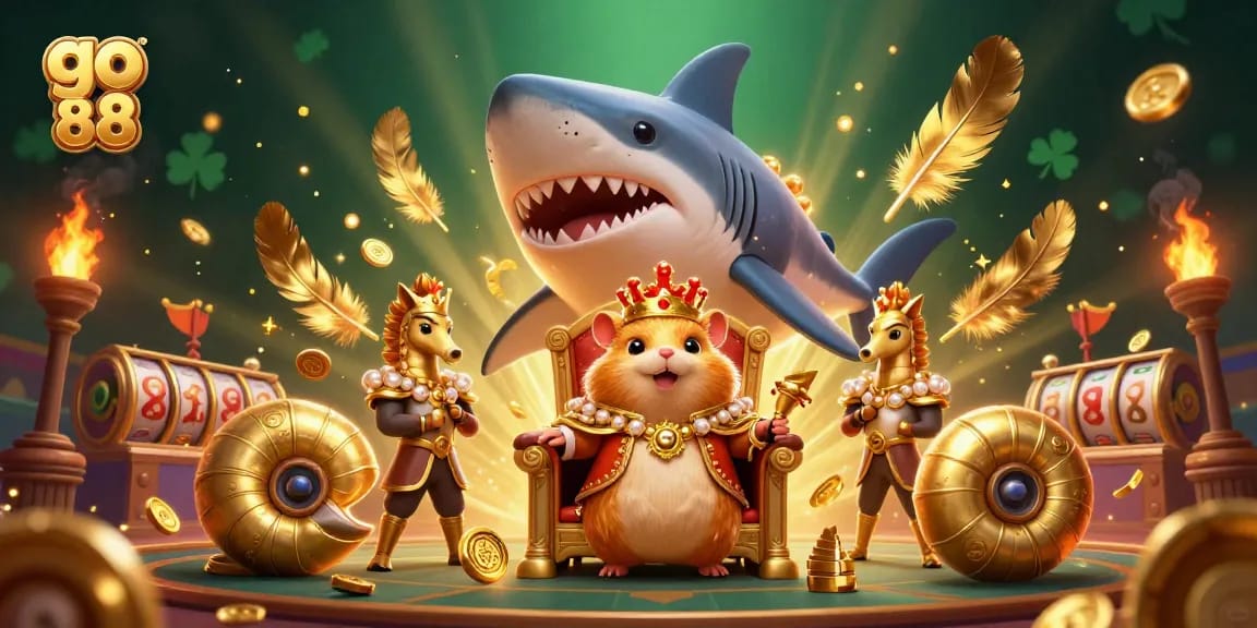 Engage with go 88's dynamic casino scene featuring a hamster king and vibrant game elements.